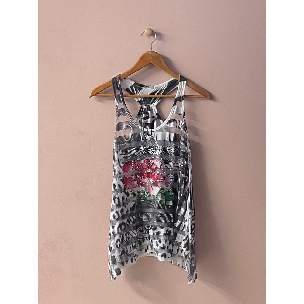 Vtg Y2K Papaya Sheer Striped Rhinestone Floral Animal Print Graphic Tank Sz S